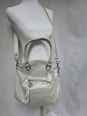 Authentic Coach Poppy 2010 White/Silver Patent Leather Shoulder Bag